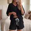 Women Casual Loose Fit V Neck Short Sleeve Top with Drawstring Waist Shorts Set Lightweight Soft Fabric Comfortable Fit
