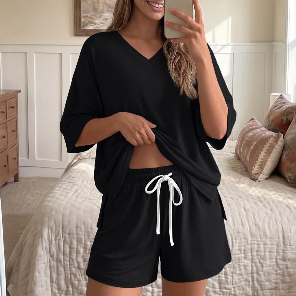 Women Casual Loose Fit V Neck Short Sleeve Top with Drawstring Waist Shorts Set Lightweight Soft Fabric Comfortable Fit