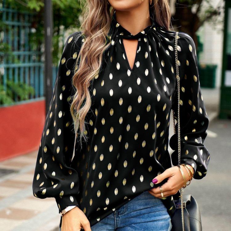 Women's Loose Hollow Out Blouse Long Sleeve O Neck Top Autumn Winter Printed Commuter Casual Tops