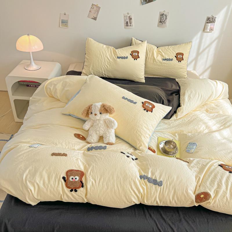 Cartoon Cotton Towel Embroidered Comforter Set Machine Washable Bed Linen Bedding Spring New Soft Breathable Fitted Sheet