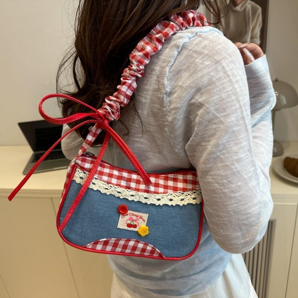 Plaid Denim Underarm Bag Rural Style Crossbody Bag Lovely Lattice Shoulder Bag  Women