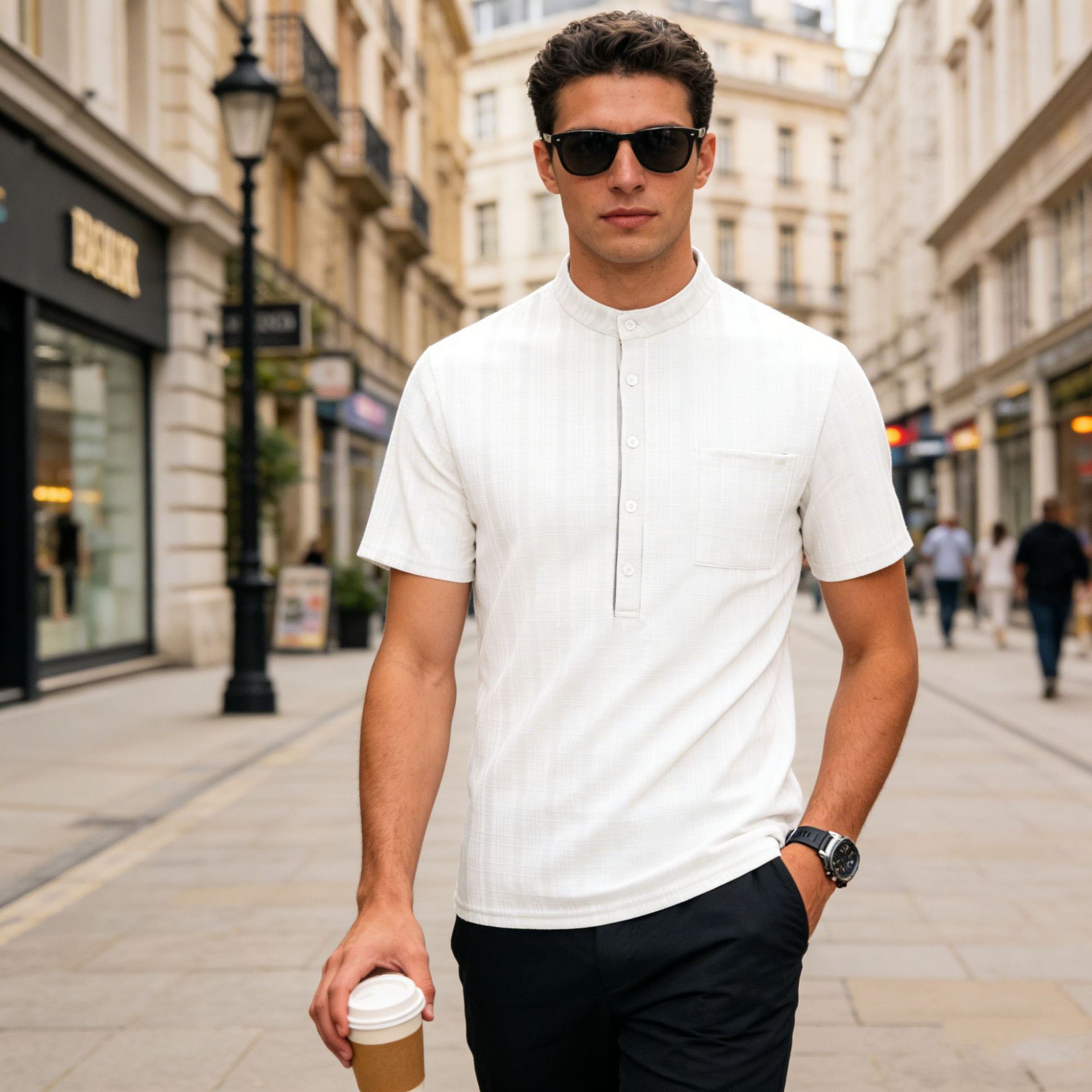 Mens Stand Collar Short Sleeve Jacquard Casual Fitted Henry T Shirt S