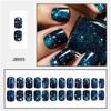 24Pcs Blue Press On Nail Short Square False Nail with Dark Blue Starry Sky Designs Glossy Stick On Nail for Women
