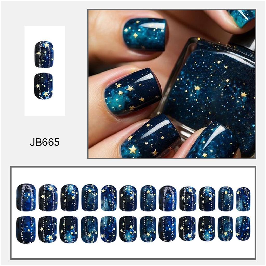 24Pcs Blue Press On Nail Short Square False Nail with Dark Blue Starry Sky Designs Glossy Stick On Nail for Women