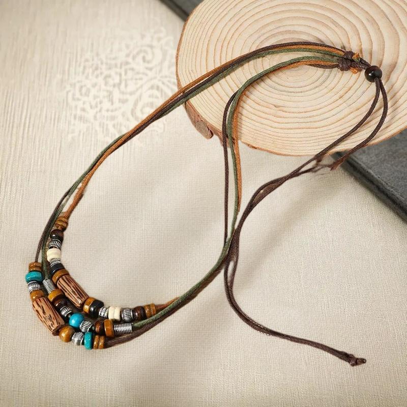 2Pcs/Set Multi-Layer Vintage Wood Beads Pendant Leather Beaded Weaved Prayer Necklace& Bracelet  Jewelry Gifts