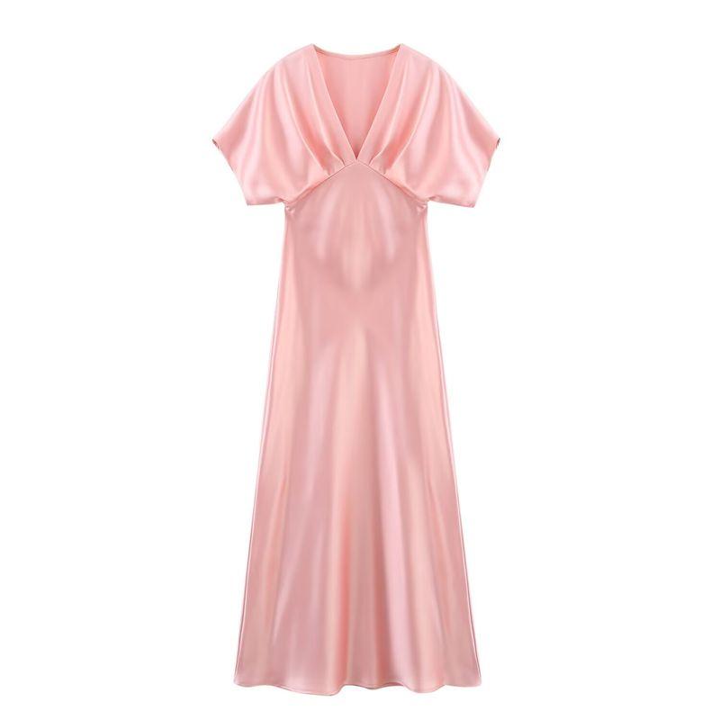 Kaslead New Arrival Women's Clothing Fashion Style Silk Satin Texture Elegant Short Sleeve Midi Skirt Dress 2330399