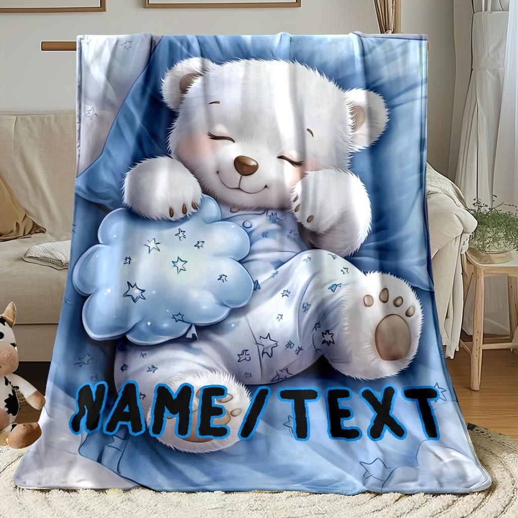 Individuelle Schlafender Bär Decke Personalisierter Name Text Eisbär Fleece Überwurf Kinder Geschenk Weich Warm Ganzjahres Deko