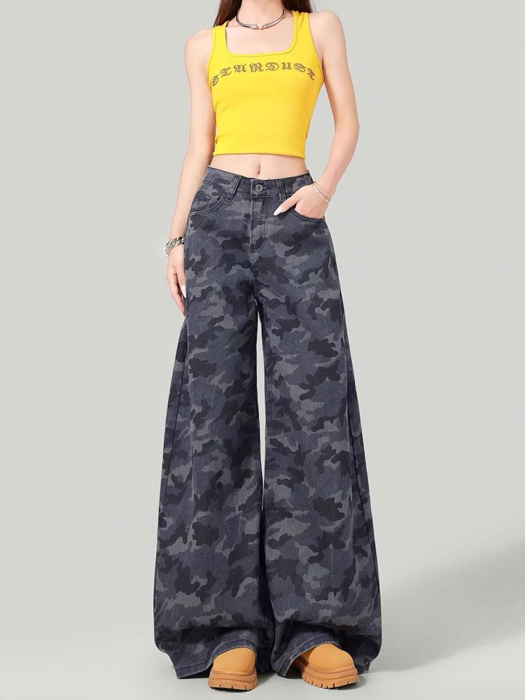 Comfortable Work Trousers Women's Models Camouflage Jeans Women's Loose High-waisted Small People Straight Draped Wide-leg Trousers Long Denim Pants
