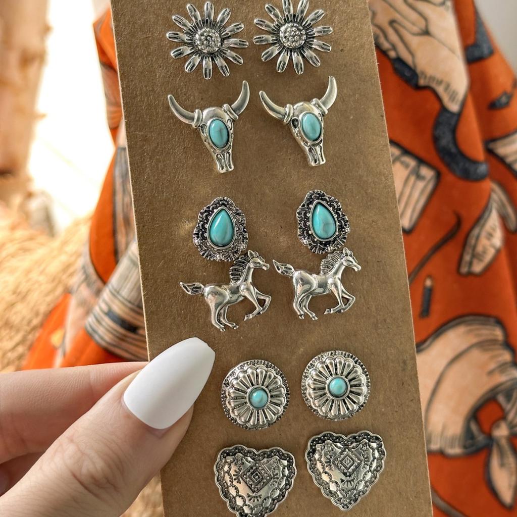 Western Denim Turquoise Earrings, Retro Ethnic Turquoise Flower Bull's Head Horse Love Carved Stud Earrings Women