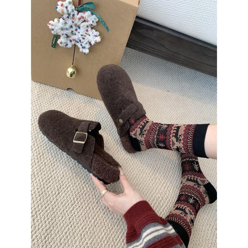 Fleece Insole Height-increasing Shoes for Women, Thick-soled Shoes, Half Slippers, Single Shoes