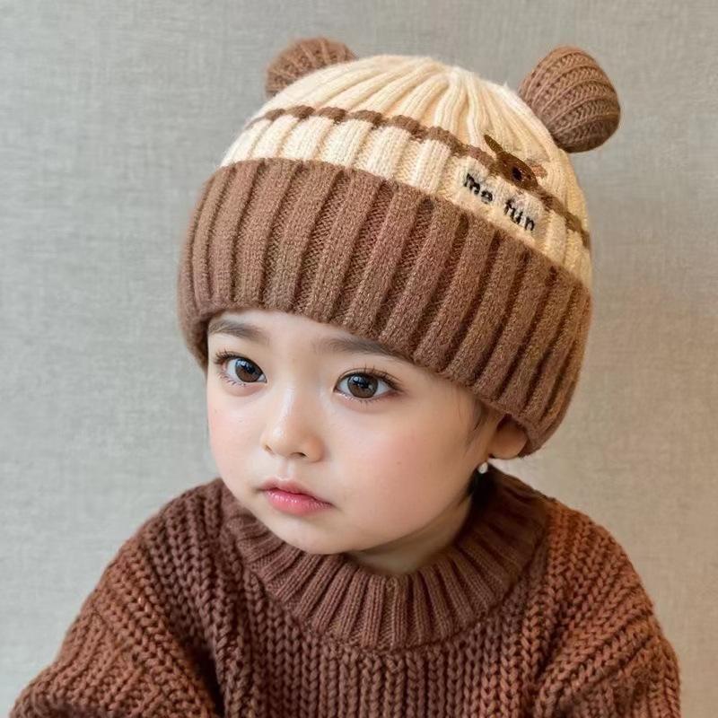 Baby Hat Winter Cute Cartoon Double Ball Wool Hat Boys and Girls Baby Ear Protector Knitted Hat Children's Pullover Hat