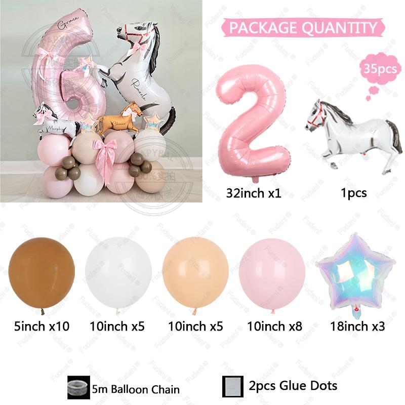 35pcs Horse Farm Party Themed Balloon Kit with 32inch Large Pink Number Baloons Western Cowgirl 1-9 Years Birthday Party Supplie