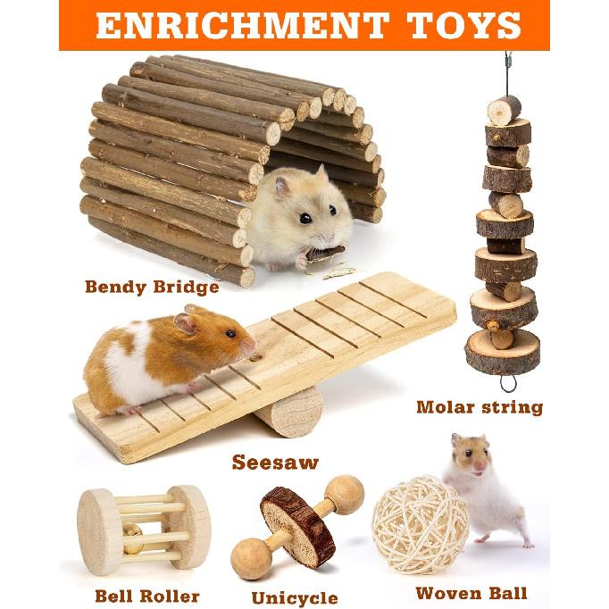 Sofier Hamster, Guinea Pig Toys Accessories Natural Chews for Teeth Rabbit Bunny Rat Chinchilla Hideout Ball Apple Wood Timothy Hay Sticks