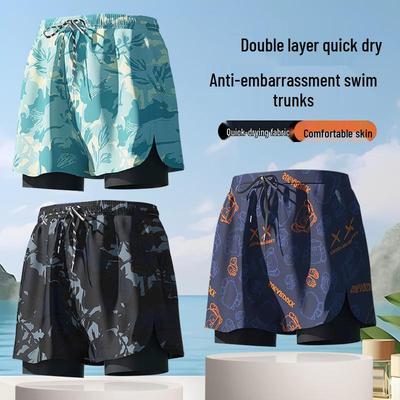 Youyou Men's 2025 Swim Trunks: Double-Layer, Anti-Embarrassment, Plus Size, Three-Quarter Length.