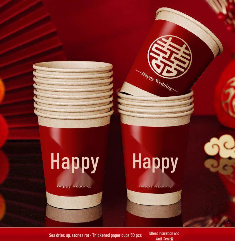 Red Disposable Wedding Celebration Cups - Thick Paper Water Cups for Special Events