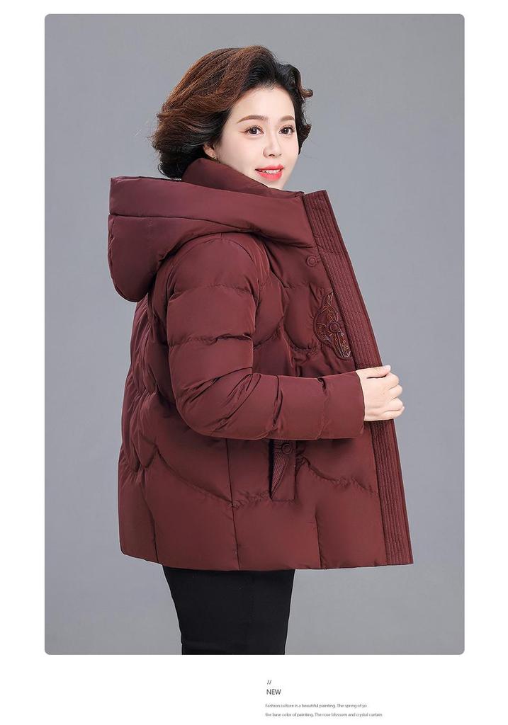 Warme Kapuzen-Daunenjacke für Damen 2025: Neue Stil Stickerei Baumwolle Winter Oberbekleidung für Mütter mittleren und höheren Alters.