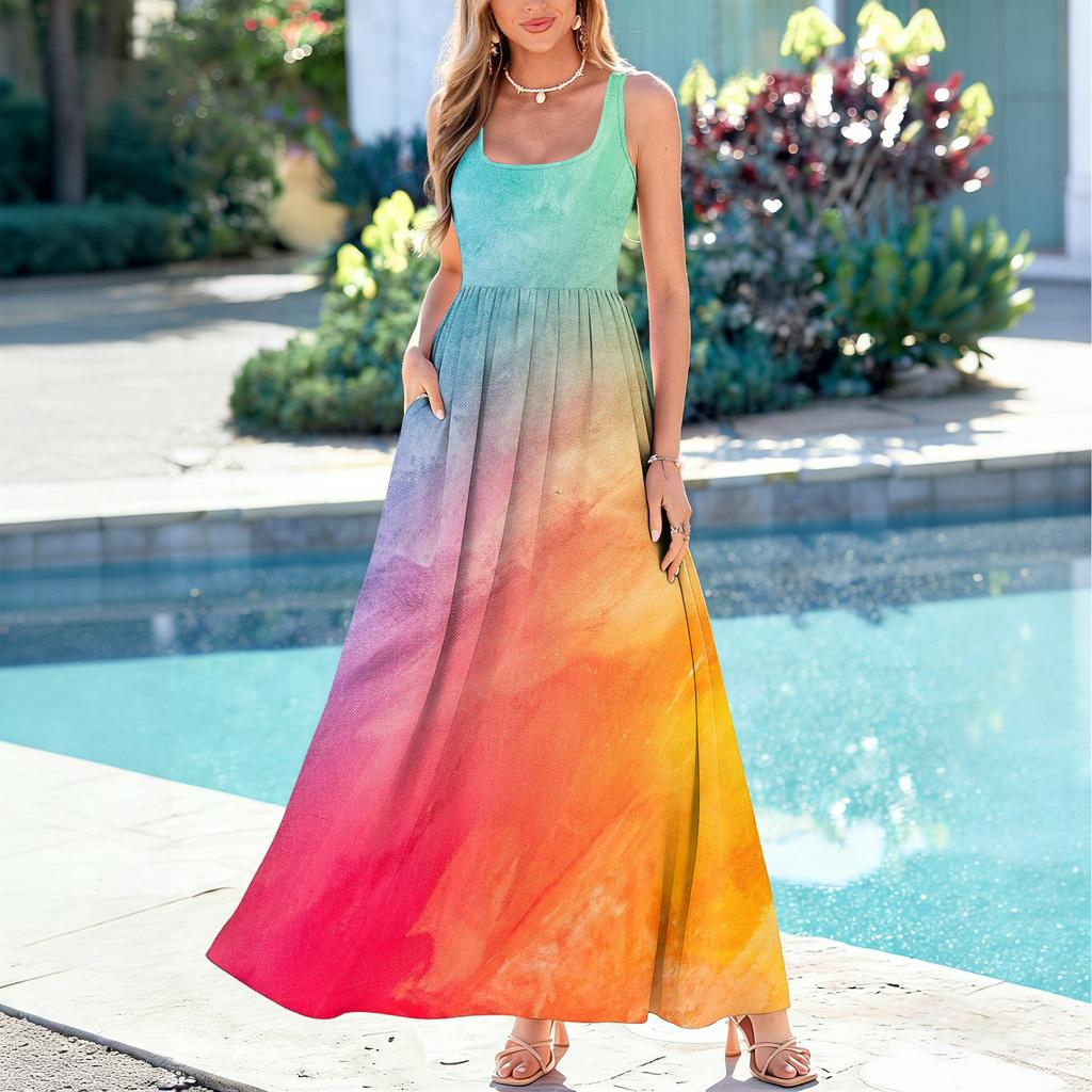 Women's Sleeveless Maxi Dress Summer Casual Long Dress Tie-Dye Print Round Neck Relaxed Fit Lightweight Fabric