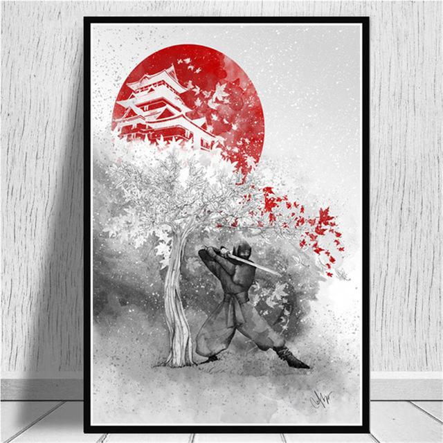 Žhavý japonský zenový inkoust Bonsa Bushido Samurai Kanji Malba na plátně Plakát a grafika Nástěnná malba pro domácí dekoraci Bez rámu