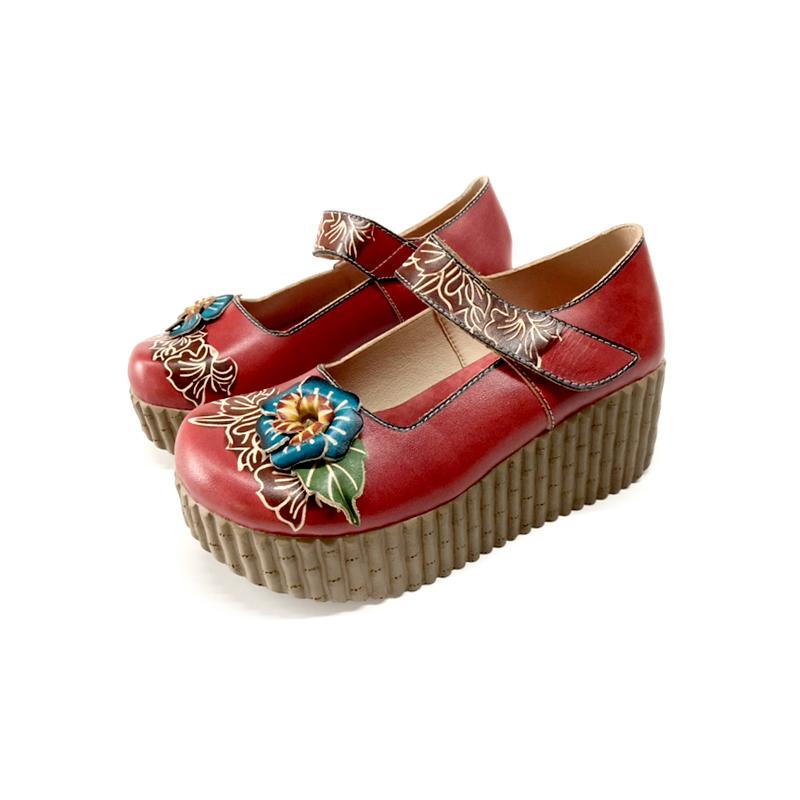 Fashion GKTINOO Retro Pumps Women Shoes Genuine Leather Hook & Loop 2025 New Spring Round Toe Floral Handmade Concise Platform Shoes