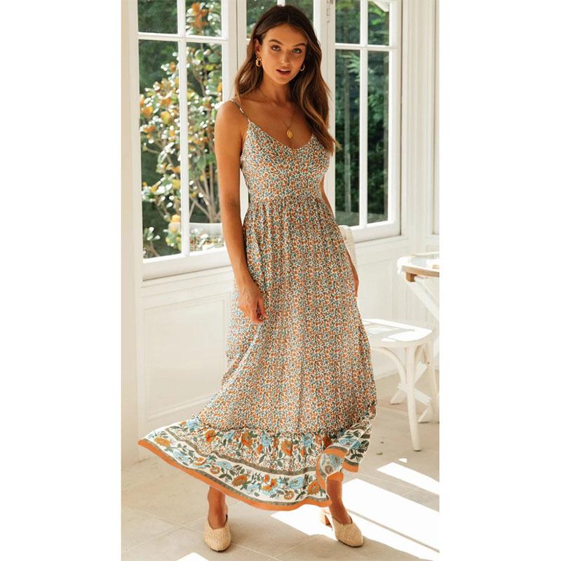 Womens Summer Floral Long Dress Ladies Bohemian V-neck Suspender Floral Holiday Dress