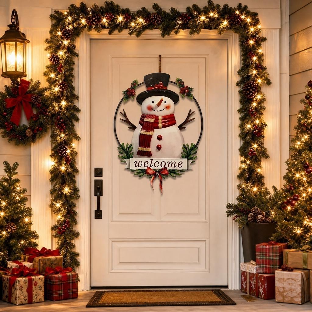 Christmas Snowman Home Decoration Hanging Ornament Metal Wall Art Seasonal Holiday Indoor Outdoor Festive Welcome Sign