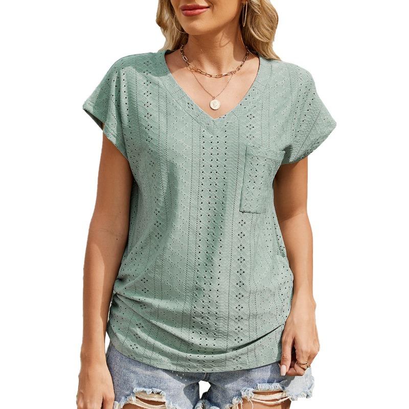Women's Spring/summer Solid Color V-neck Pocket Short-sleeved T-shirt Top
