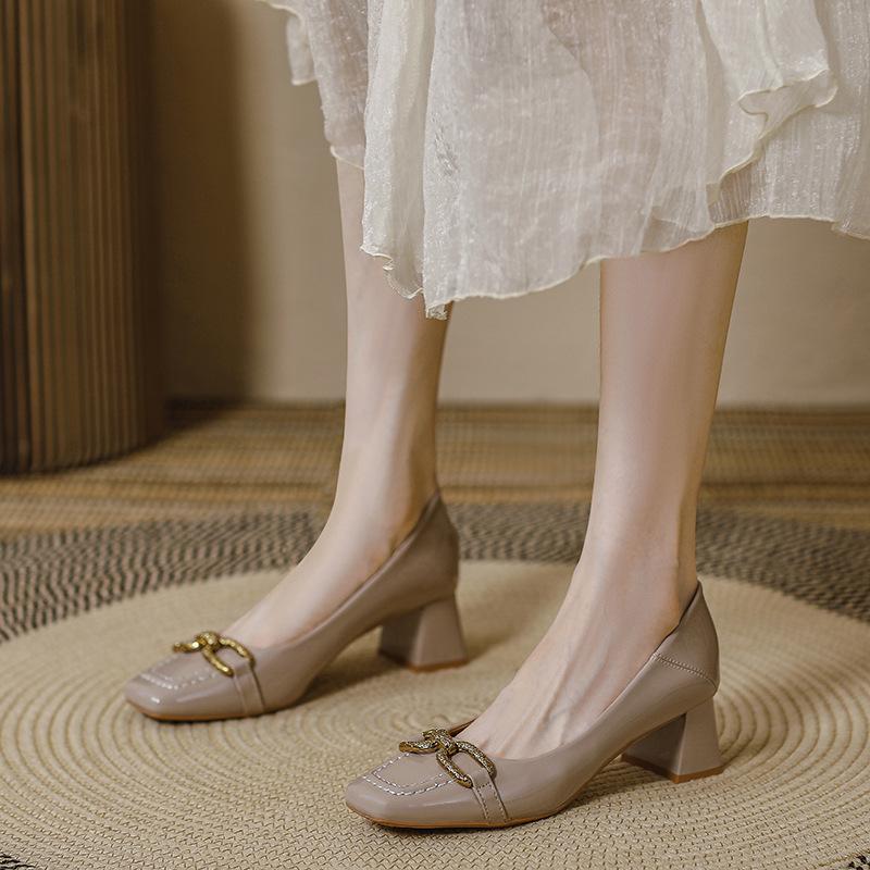 Thick heel high heels women's 2025 new spring and autumn mid-heel women's shoes patent leather red light mouth French square head single shoes women