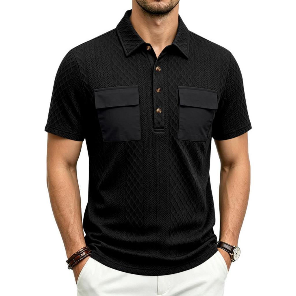 Men Heavyweight Loose Fit Jacquard Polo Shirt Workwear Multi Pocket Casual Short Sleeve Outdoor Shirt with Contrast Details