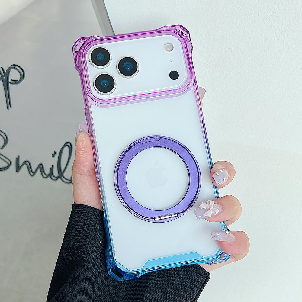 Fashion Gradient Airbags Clear Armor Case for IPhone 17Air 16 15 14 Plus 13 12 Pro Max Shockproof Metal Ring Stand Protect Cover