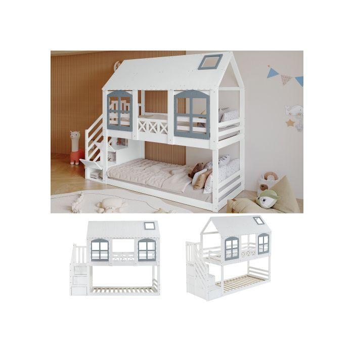 Lit superposé - MUVOE - 90x200 cm - Pin + MDF - Blanc + Gris - Avec toit et fenêtres
