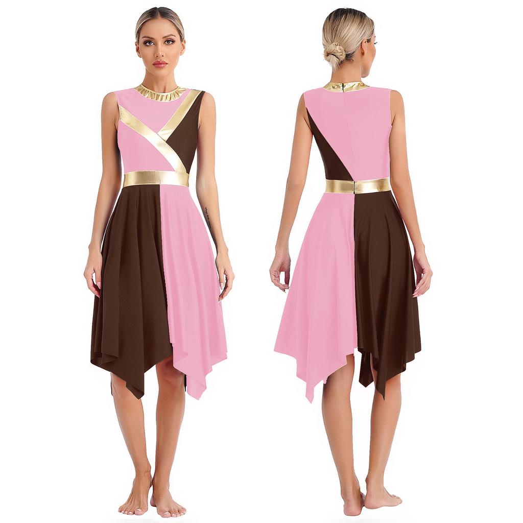Womens Metallic Color Block Patchwork Liturgical Dance Dress Round Neck Sleeveless Asymmetrical Hem Dresses Dancewear