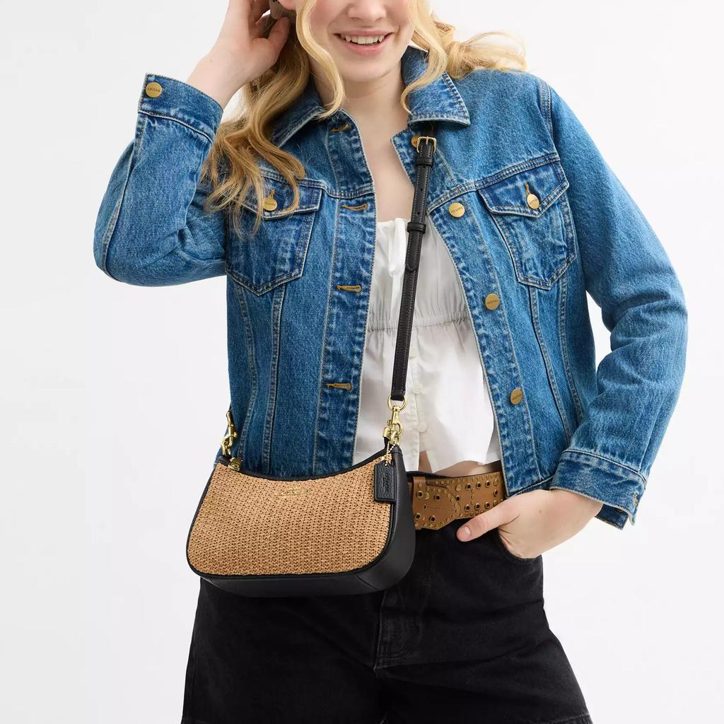 Coach Teri 24 Brand Logo Straw And Leather Tote Shoulder Bag Medium Women Bags Khaki Black CAL90-IMXUB