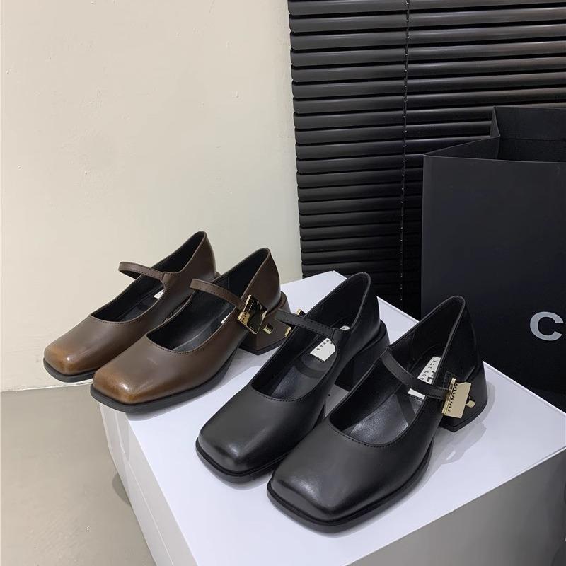 Fashion New Mary Janes Women's Shoes High Heel Spring Square Toe Mid Heels Sandals Designer Shallow Pumps Thick Sole Leather Shoes 35-39
