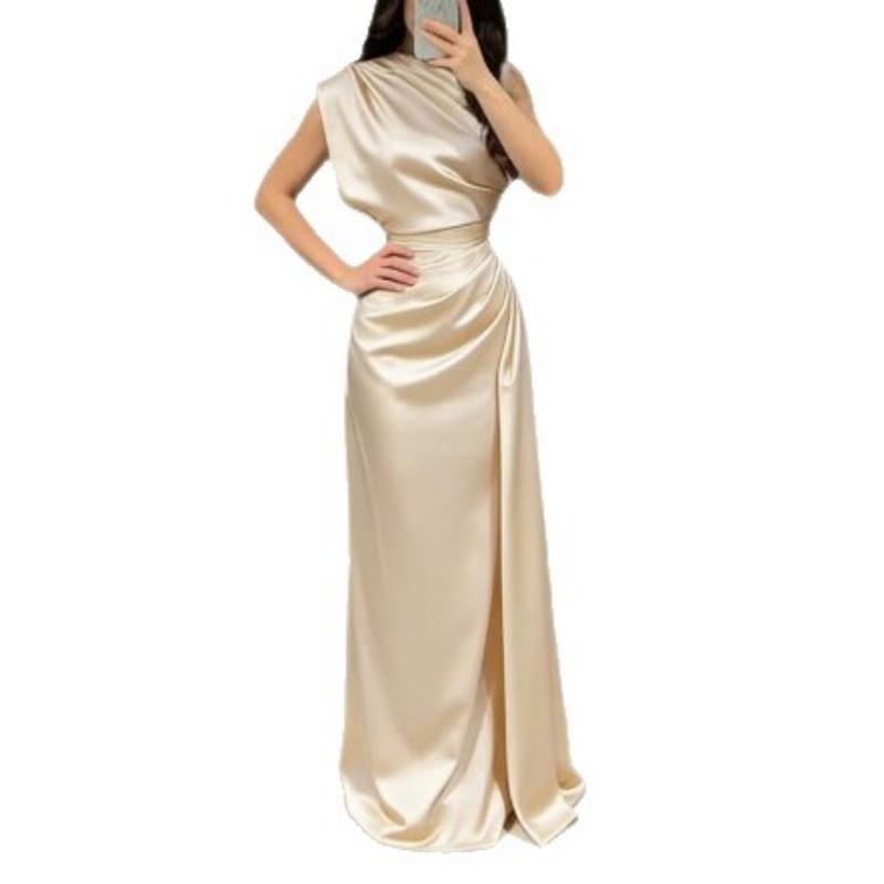 Damen Satin Drapierter Halsausschnitt Ärmellos Maxikleid Raffung an der Taille Bodycon Elegant Bodenlang Abendkleid Formelles Hochzeits-Cocktailparty-Bankettkleid