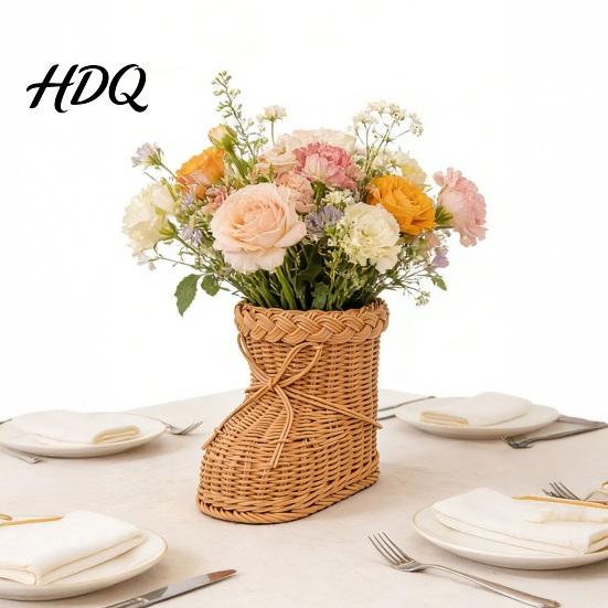 Christmas Scene Decoration Boots Shaped Imitation Rattan Storage Basket Hand Woven Decorative Container Durable Holiday Basket Large Capacity