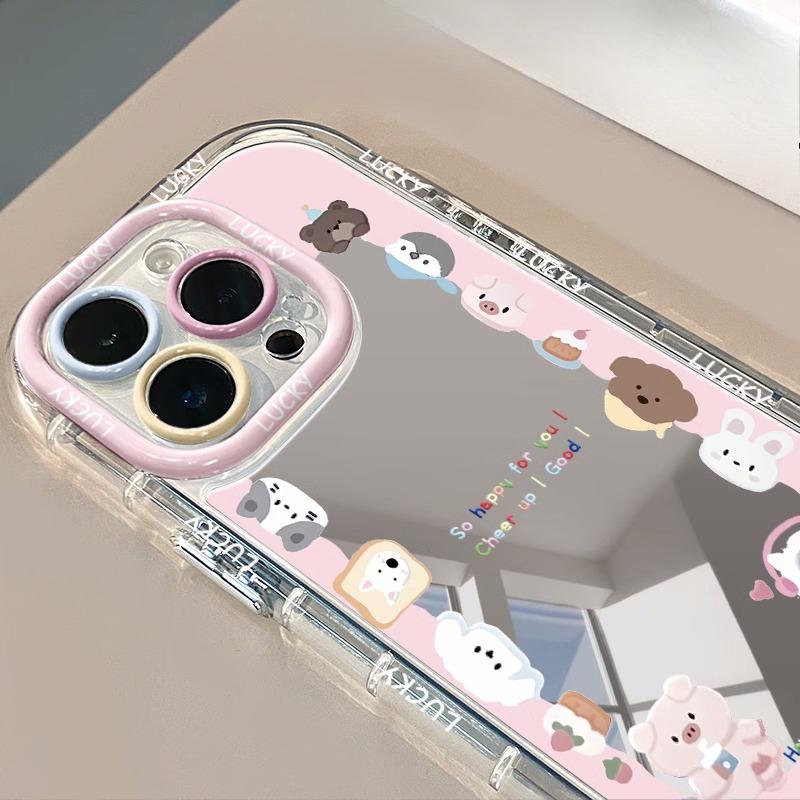 Pink Mirror Cream Shell Suitable for Apple 15promax Mobile Phone Case Cartoon Zoo IPhone 14/16/13