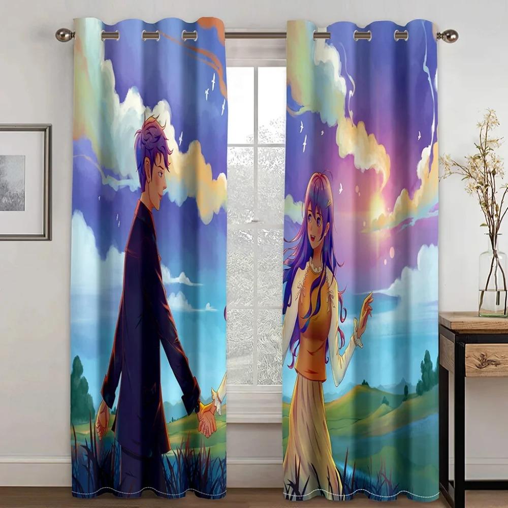 Anime Pár Potisk Vysoké Zastínění Závěs Romantika do Ložnice Hrubý Zatemňovací Závěs Estetický Styl Vzorované Závěsy Vícebarevné