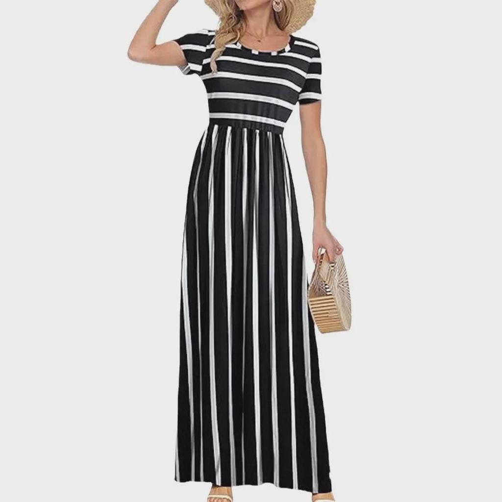 2024 Dámské pevné maxi šaty s krátkým rukávem a kapsami