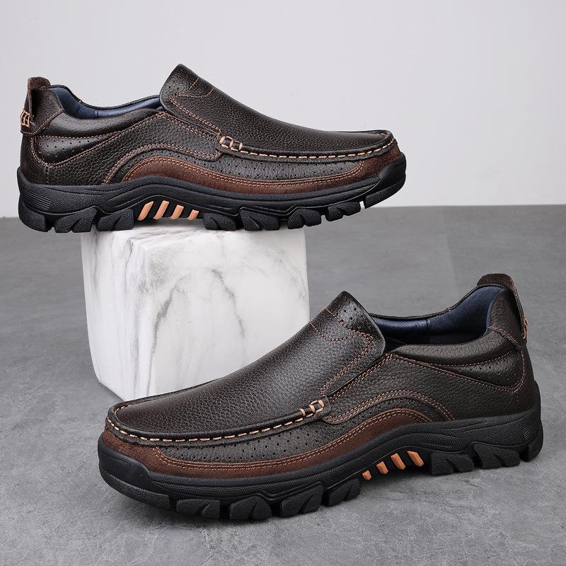 Men's Large Slip-On Leather Shoes: Breathable, Soft Sole, Anti-Slip Casual Comfort for Middle-Aged Dads