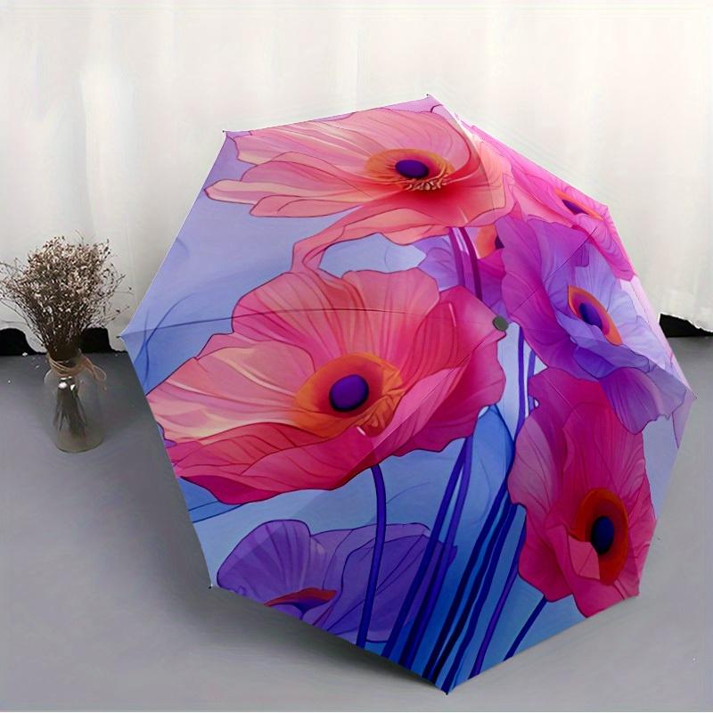 Floral 3 Theme Automatic Open/Close Umbrella with Sturdy Iron Frame - 8-Rib Portable Folding Umbrella for All-Season Travel, C