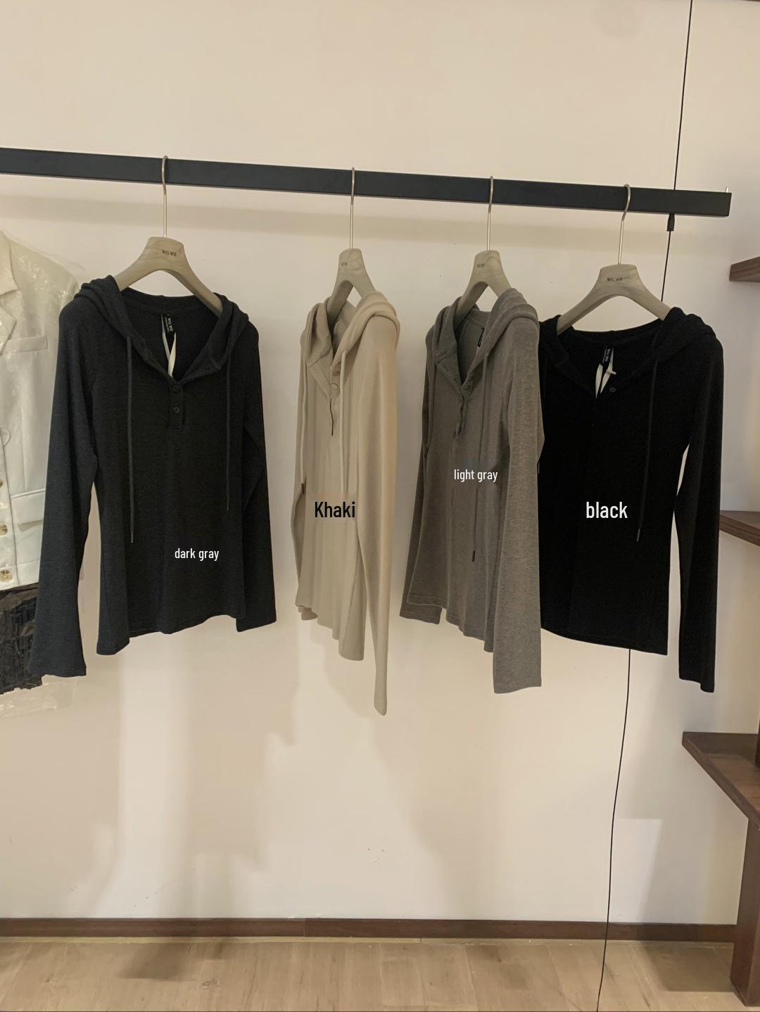 Women s Petite Hooded Long-Sleeve Half-Collar Button-Up T-Shirt (Autumn Style, WGWE7882) Small хаки