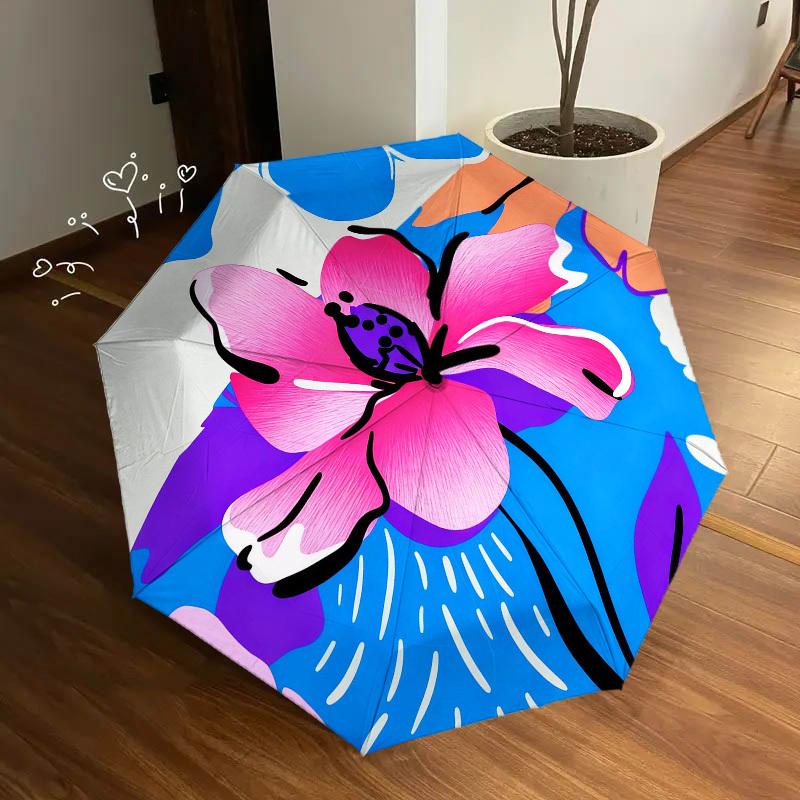 1pc Flower Pattern Automatic Folding Umbrella, Heavy Duty 8 Rib Iron Frame,  Suitable for Travel, Daily Use, Birthday, Decor Gift  61
