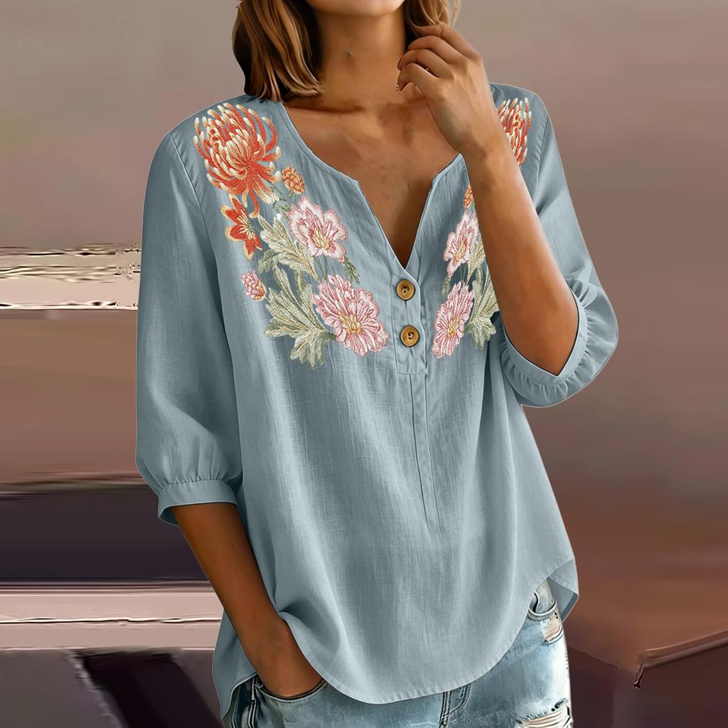 Damen Blumenstickerei Henley-Kragen Knopfleiste Hemd Dreiviertelarm Baumwolle Leinen Oberteil Lässige Bluse