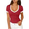 Women Short Sleeve V Neck Fitted T Shirt Trim Ribbed Knit Top for Casual Daily Wear S to XL