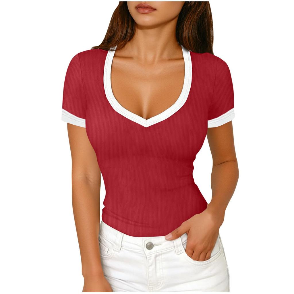 Women Short Sleeve V Neck Fitted T Shirt Trim Ribbed Knit Top for Casual Daily Wear S to XL