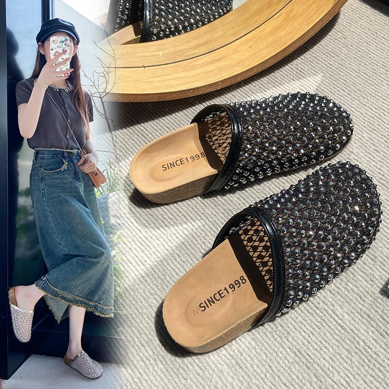 Fashion Super Popular Water Diamond Full Diamond Women's Shoes, Fishing Net Toe Cover Half-slippers, Flat Lazy Women's Sandals