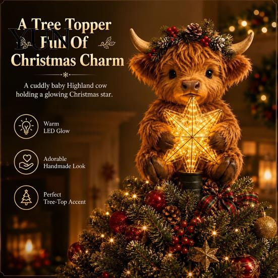 Handgefertigter Stil Baumakzente Hochlandkuh Leuchtender Stern Topper, Beleuchtete Weihnachtsdekoration mit Charmantem Geschenk für Warmes LED, Batteriebetrieben