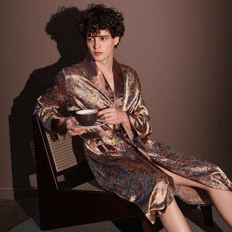 Robe da Notte Uomo di Alta Qualità Estive Sottili Accappatoio Taglia Grande Pigiama Stampato in Seta Ghiacciata Vestaglia Intera Abbigliamento da Casa Maschile Primavera