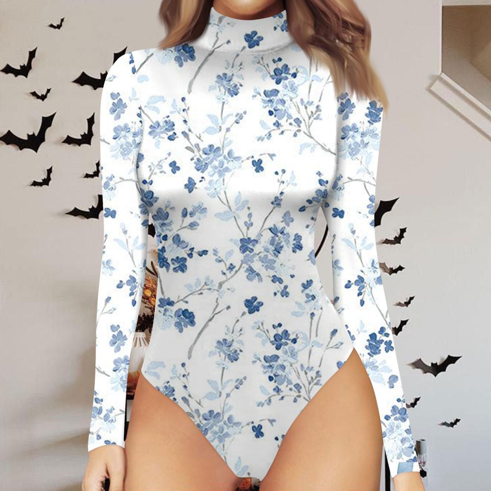 

Женская осенне-зимняя цельная футболка с длинным рукавом и полувысоким воротом, боди с винтажным принтом XL светло-синий