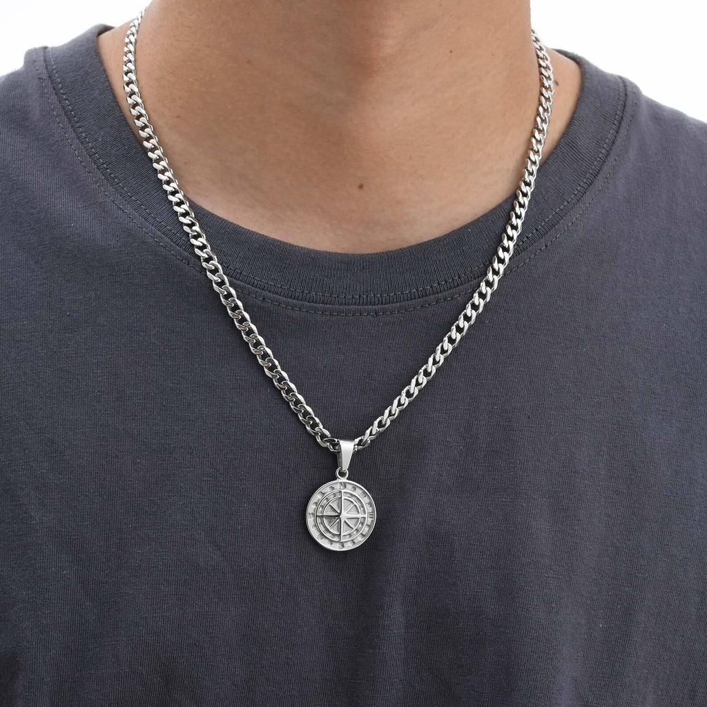 Vnox Kompass Anhänger Halskette für Männer Jungen, Edelstahl Schwarz Gold Silber Farbe Runde Münze Halskette, Punk Schmuck Geschenke